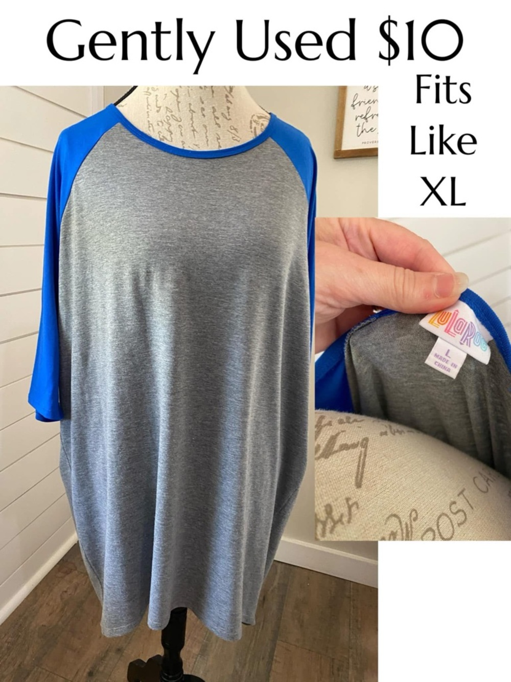 LuLaRoe Heather Gray with Royal Blue Raglan Tee